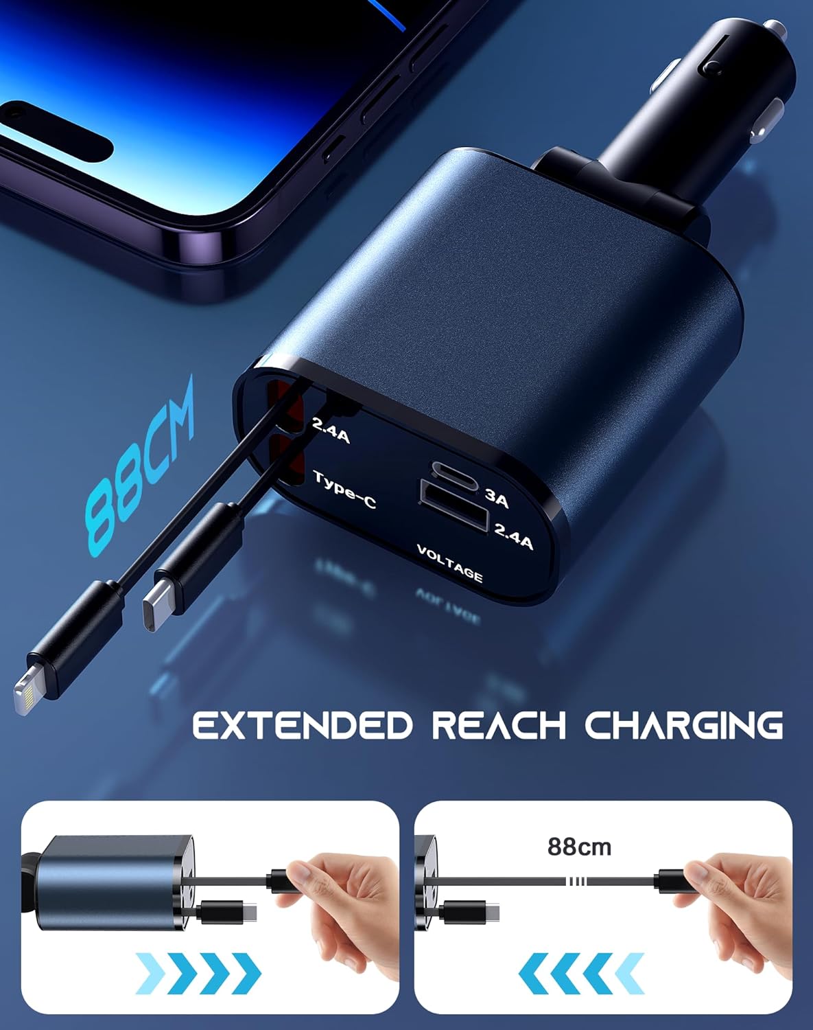 IHN® Retractable Car Charger, 120 W Super Fast Charge, for all iPhones & Android phones