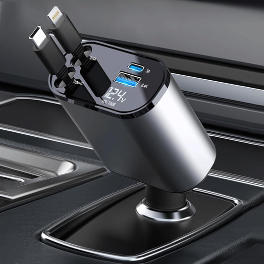 IHN® Retractable Car Charger, 120 W Super Fast Charge, for all iPhones & Android phones